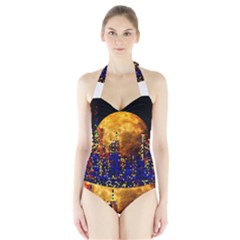 Skyline Frankfurt Abstract Moon Halter Swimsuit by Wegoenart