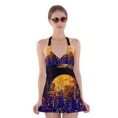 Skyline Frankfurt Abstract Moon Halter Dress Swimsuit  by Wegoenart