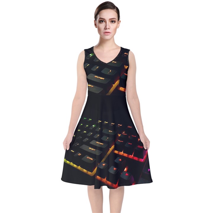 Keyboard Led Technology V-Neck Midi Sleeveless Dress 