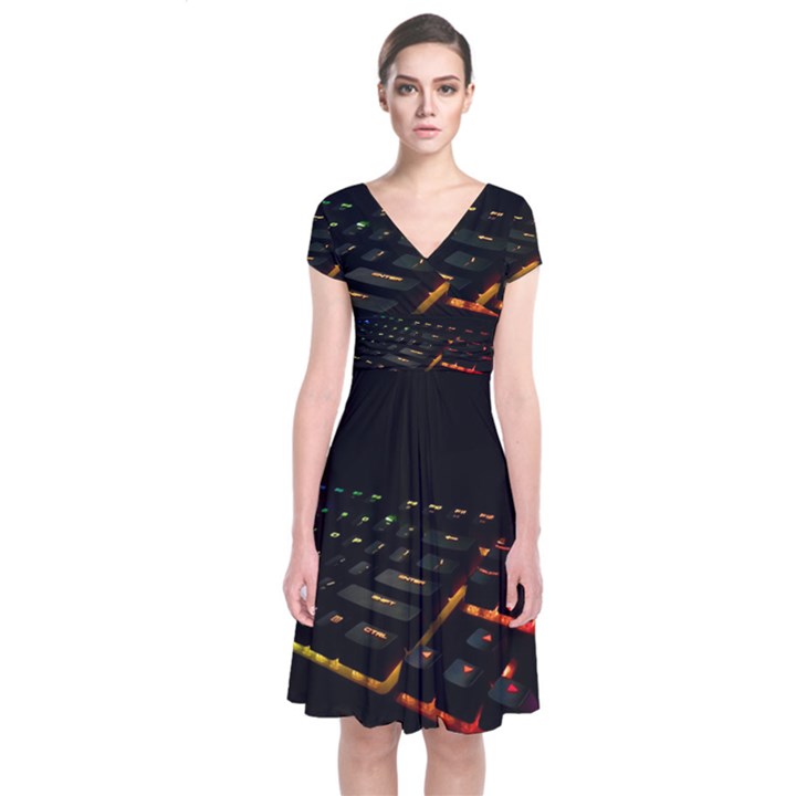 Keyboard Led Technology Short Sleeve Front Wrap Dress