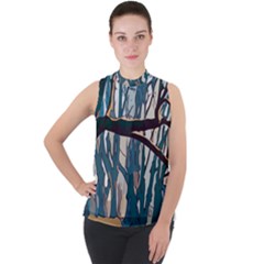 Forest Artwork Card Greeting Woods Mock Neck Chiffon Sleeveless Top