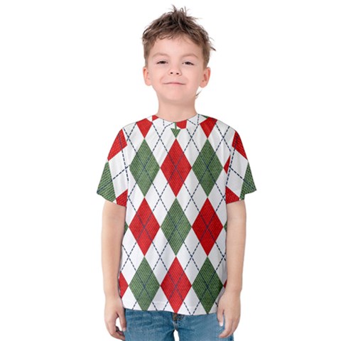 Red Green White Argyle Navy Kids  Cotton Tee by Wegoenart