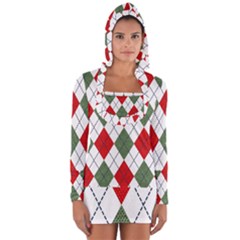 Red Green White Argyle Navy Long Sleeve Hooded T-shirt by Wegoenart