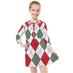 Red Green White Argyle Navy Kids  Quarter Sleeve Shirt Dress by Wegoenart