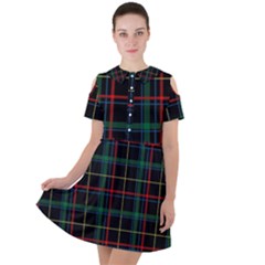 Plaid Tartan Checks Pattern Short Sleeve Shoulder Cut Out Dress 