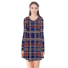 Plaid Tartan Scottish Navy Gold Long Sleeve V-neck Flare Dress by Wegoenart