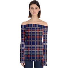 Plaid Tartan Scottish Navy Gold Off Shoulder Long Sleeve Top