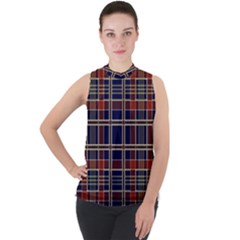 Plaid Tartan Scottish Navy Gold Mock Neck Chiffon Sleeveless Top by Wegoenart