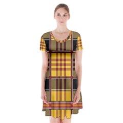 Plaid Tartan Scottish Yellow Red Short Sleeve V-neck Flare Dress by Wegoenart