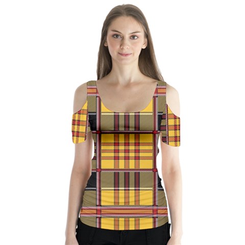 Plaid Tartan Scottish Yellow Red Butterfly Sleeve Cutout Tee  by Wegoenart