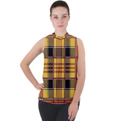 Plaid Tartan Scottish Yellow Red Mock Neck Chiffon Sleeveless Top