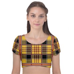 Plaid Tartan Scottish Yellow Red Velvet Short Sleeve Crop Top  by Wegoenart