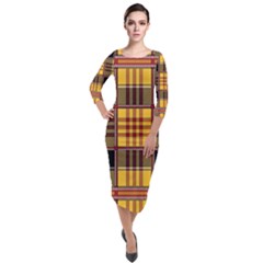 Plaid Tartan Scottish Yellow Red Quarter Sleeve Midi Velour Bodycon Dress