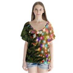 Christmas Tree Fir Tree Star V-neck Flutter Sleeve Top