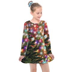 Christmas Tree Fir Tree Star Kids  Long Sleeve Dress by Wegoenart