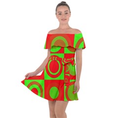 Red Green Christmas Background Off Shoulder Velour Dress by Wegoenart