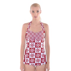 Snowflake Red White Boyleg Halter Swimsuit  by Wegoenart