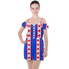 Stars Stripes July 4th Flag Blue Ruffle Cut Out Chiffon Playsuit