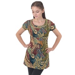 Wings Feathers Cubism Mosaic Puff Sleeve Tunic Top by Wegoenart