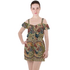 Wings Feathers Cubism Mosaic Ruffle Cut Out Chiffon Playsuit by Wegoenart