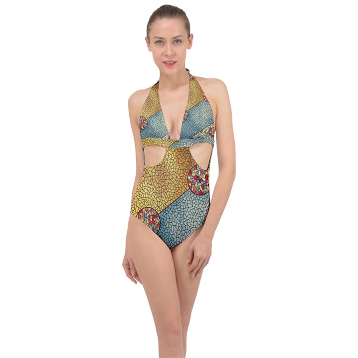 Background Cubism Circle Shape Halter Front Plunge Swimsuit