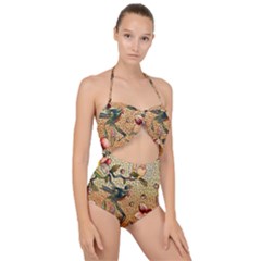 Flower Cubism Mosaic Vintage Scallop Top Cut Out Swimsuit