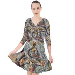 Fish Underwater Cubism Mosaic Quarter Sleeve Front Wrap Dress by Wegoenart