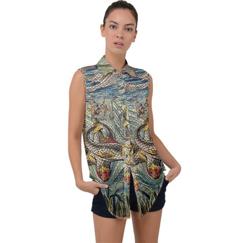 Fish Underwater Cubism Mosaic Sleeveless Chiffon Button Shirt by Wegoenart