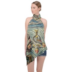 Fish Underwater Cubism Mosaic Halter Asymmetric Satin Top by Wegoenart