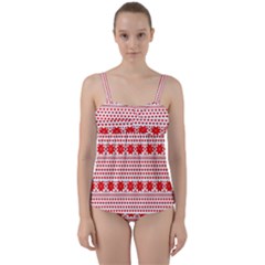 Fairisle Pattern Background Red Twist Front Tankini Set by Wegoenart