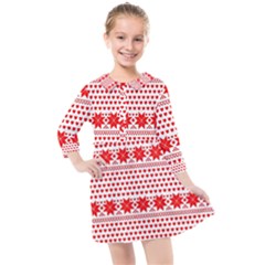 Fairisle Pattern Background Red Kids  Quarter Sleeve Shirt Dress by Wegoenart