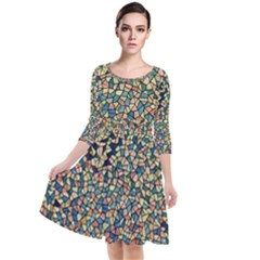 Background Cubism Mosaic Vintage Quarter Sleeve Waist Band Dress