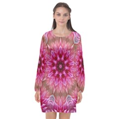 Flower Mandala Art Pink Abstract Long Sleeve Chiffon Shift Dress  by Wegoenart