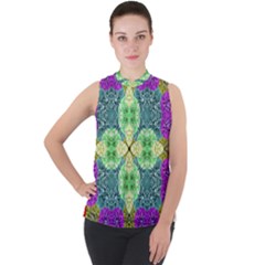 Flower Design Design Artistic Mock Neck Chiffon Sleeveless Top