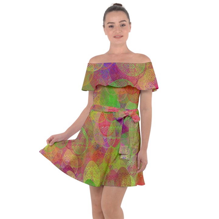 Easter Egg Colorful Texture Off Shoulder Velour Dress