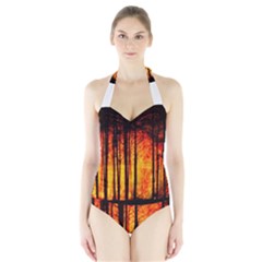 Forest Fire Forest Climate Change Halter Swimsuit by Wegoenart