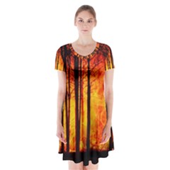 Forest Fire Forest Climate Change Short Sleeve V-neck Flare Dress by Wegoenart