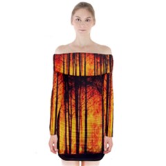 Forest Fire Forest Climate Change Long Sleeve Off Shoulder Dress by Wegoenart