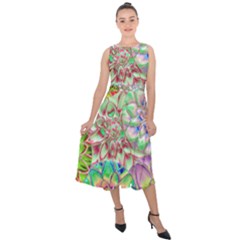 Dahlia Flower Colorful Art Collage Midi Tie-back Chiffon Dress by Wegoenart