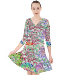 Dahlia Flower Colorful Art Collage Quarter Sleeve Front Wrap Dress by Wegoenart