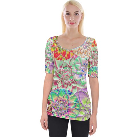 Dahlia Flower Colorful Art Collage Wide Neckline Tee by Wegoenart