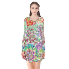 Dahlia Flower Colorful Art Collage Long Sleeve V-neck Flare Dress