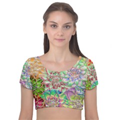 Dahlia Flower Colorful Art Collage Velvet Short Sleeve Crop Top  by Wegoenart