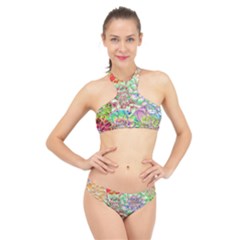 Dahlia Flower Colorful Art Collage High Neck Bikini Set