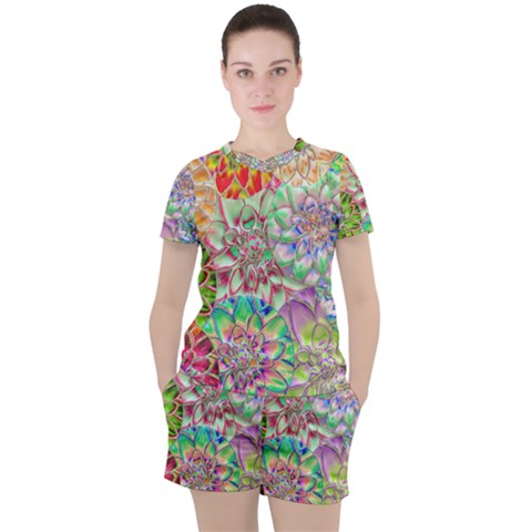 Dahlia Flower Colorful Art Collage Women s Tee And Shorts Set by Wegoenart