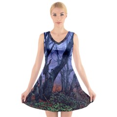 Beeches Autumn Foliage Forest Tree V-neck Sleeveless Dress by Wegoenart