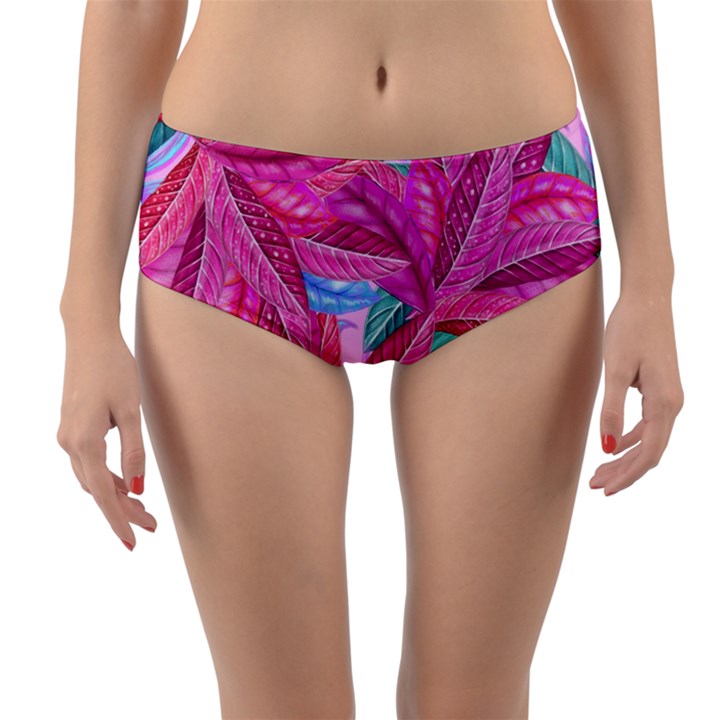 Leaves Tropical Reason Stamping Reversible Mid-Waist Bikini Bottoms