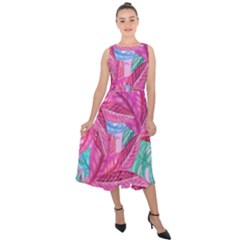 Leaves Tropical Reason Stamping Midi Tie-back Chiffon Dress by Wegoenart