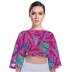 Leaves Tropical Reason Stamping Tie Back Butterfly Sleeve Chiffon Top