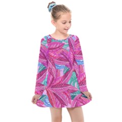 Leaves Tropical Reason Stamping Kids  Long Sleeve Dress by Wegoenart